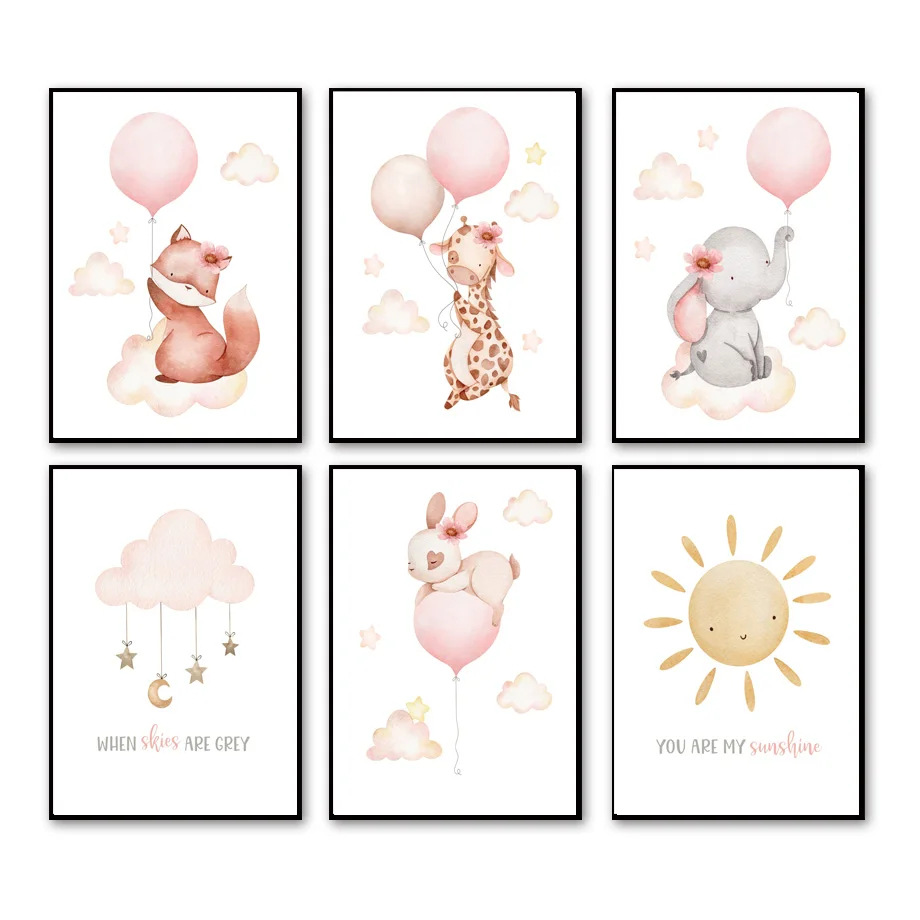 Pink cartoon animal watercolor weather rainbow balloon rabbit elephant girl bedroom decorative painting core canvas painting