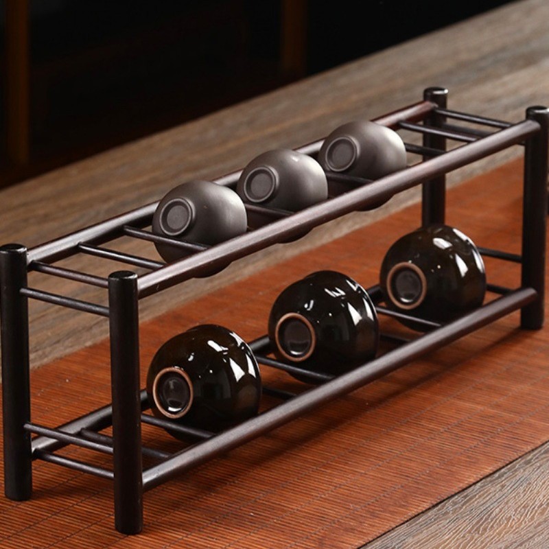 Bamboo Double-Layer Cup Holder Tea Cup Holder Tea Table Decorative Ornaments High Drain Rack Tea Set Accessories Storage Rack Chinoiserie