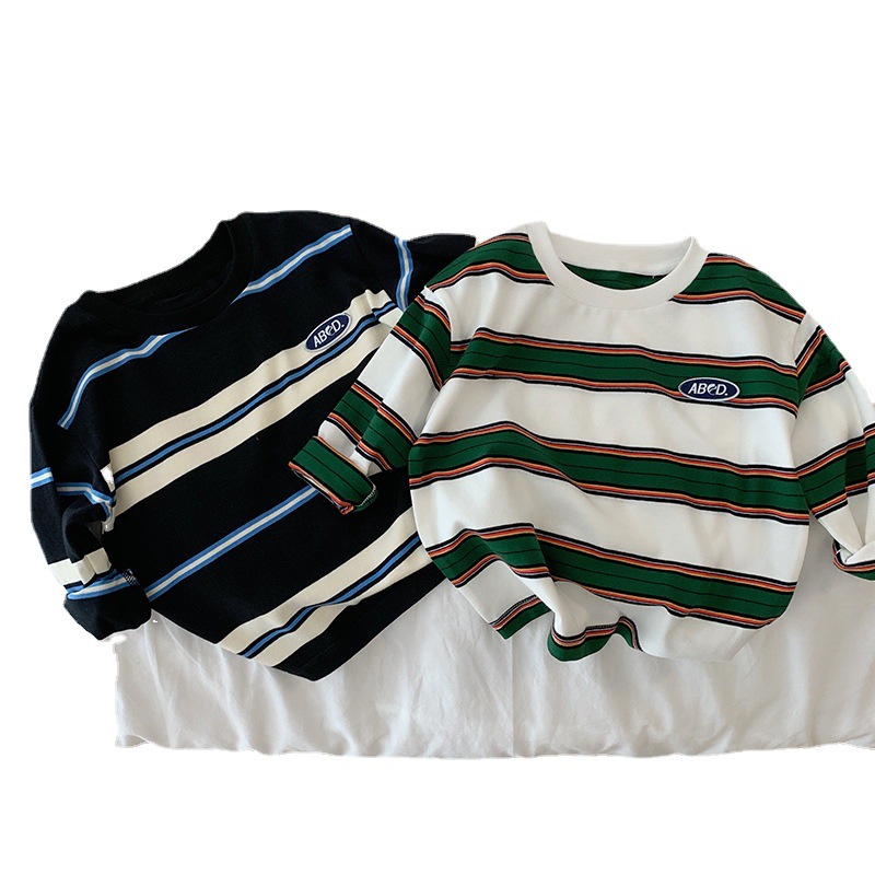 Boys' autumn children's striped contrast color fashionable T-shirt long sleeve loose casual T-shirt top versatile handsome fashion