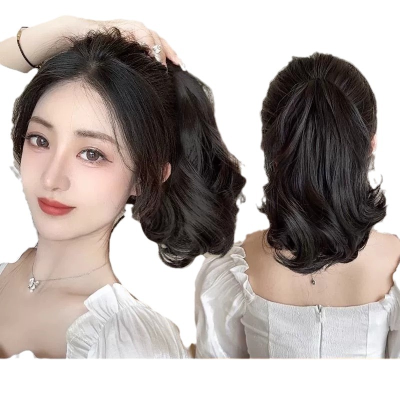 Wig women's short ponytail summer clip big wave mid-length short fake ponytail pear flower curly hair braid natural simulation