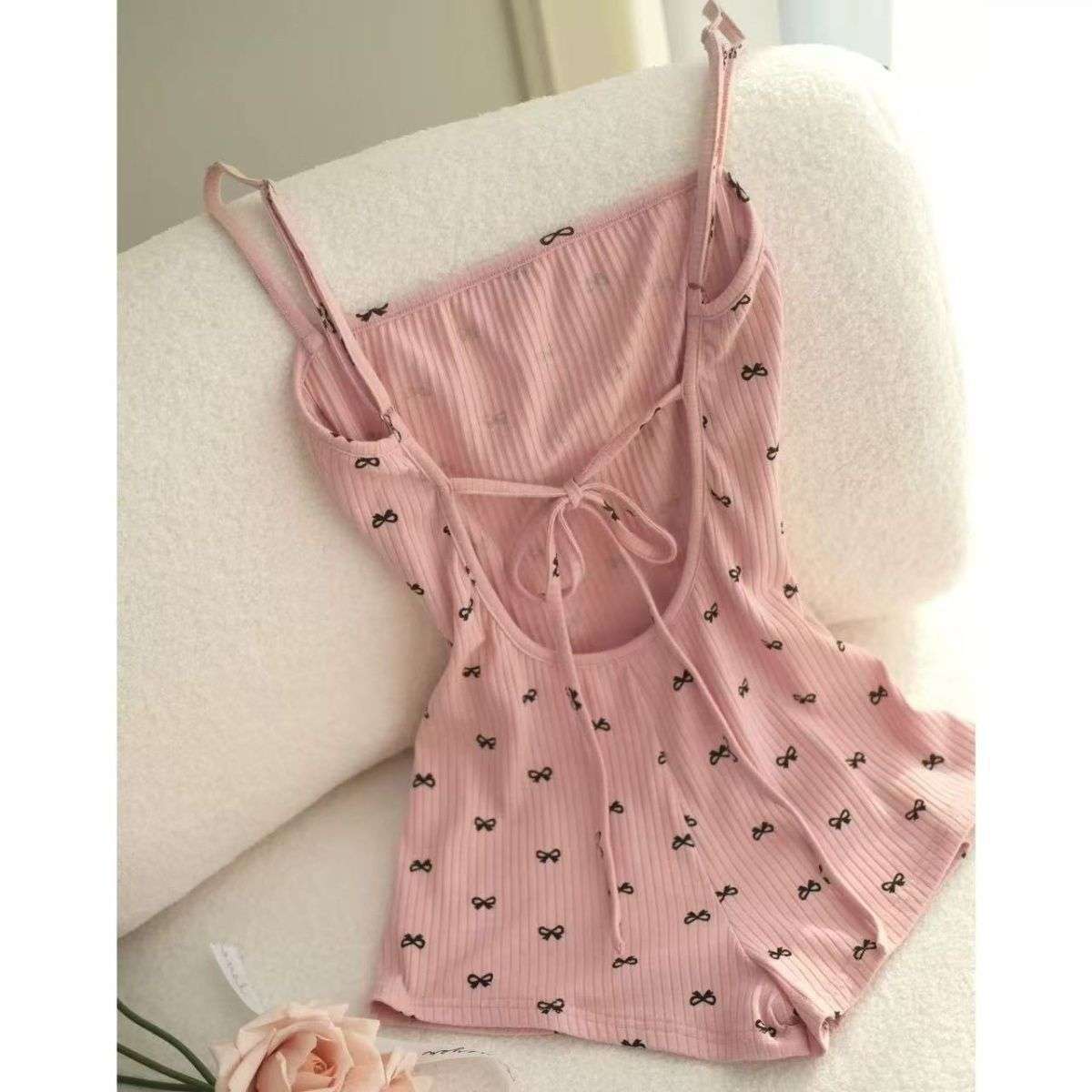 plus size Chubby Girl Sweet Spicy Backless Lace-up Bow Printed Pink Jumpsuit Slim-fit Home Shorts for Women
