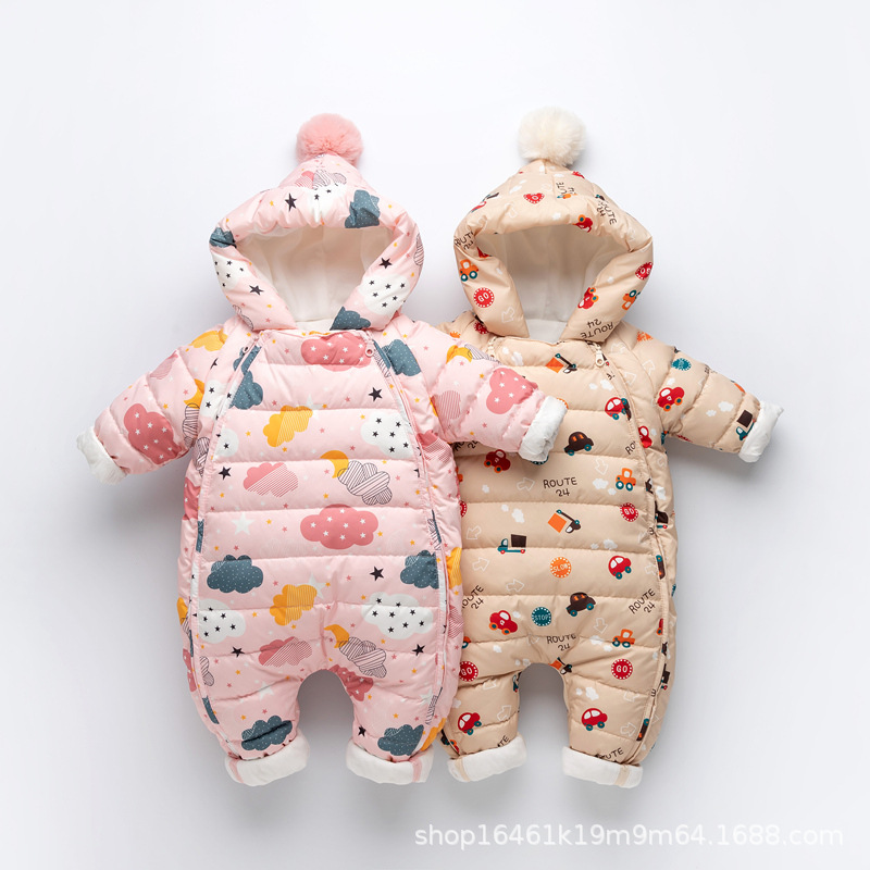 New Baby Down Jacket Jumpsuit Winter Baby Boys and Girls Thickened Ha-ha Clothes Newborn Outfit Foot Holding Clothes Korean