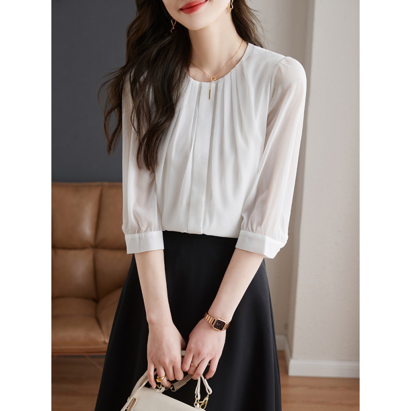 Real Shot of 2025 Spring New Three-Quarter Sleeve Chiffon Shirt Women's Versatile Shirt Cardigan Elegant Commuter Top