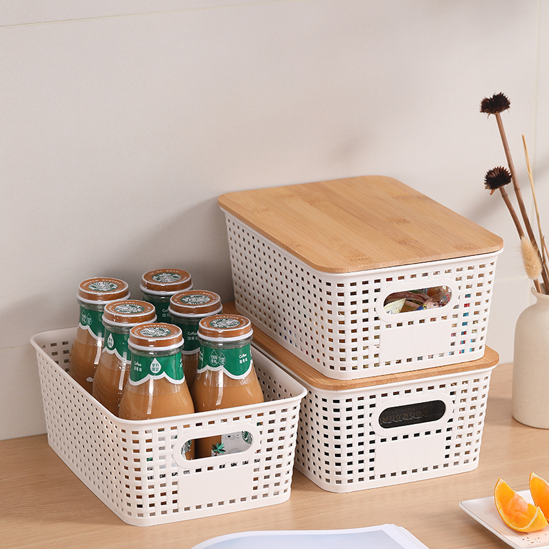 Plastic Hollow Woven Storage Basket Toy Book Desktop Plaid with Bamboo Lid Stackable Storage Basket Wholesale