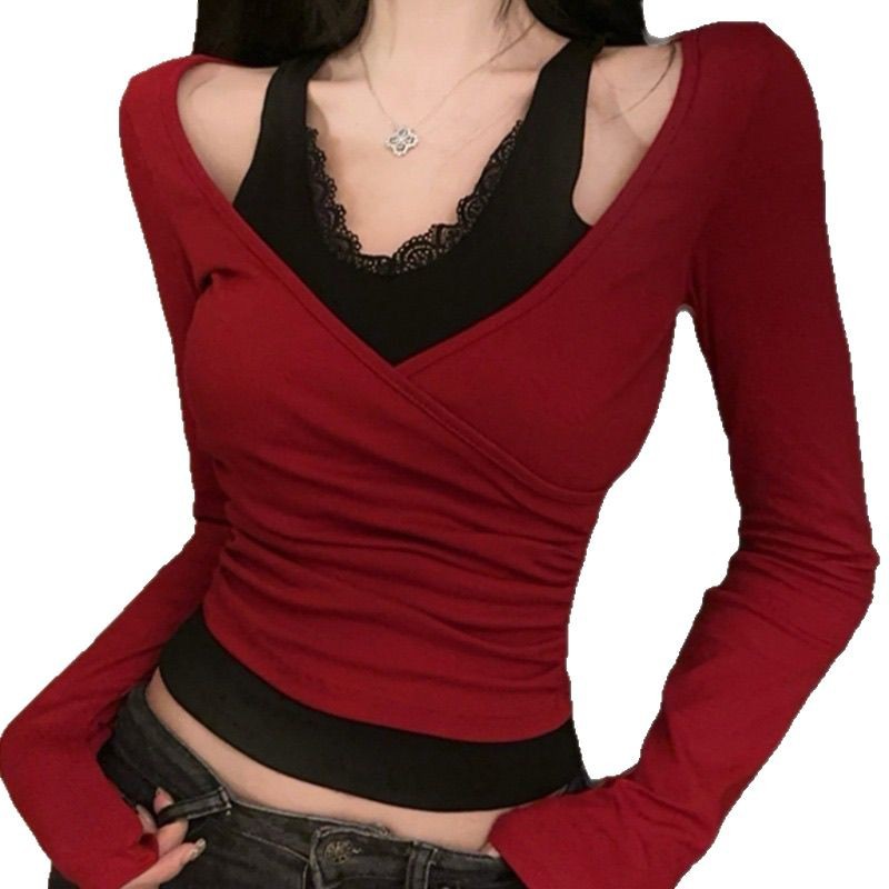 [Lightning Warehouse Hot Style] Fake Two-Piece Sexy Pure Desire Sexy Lace T-Shirt for Women with Fashionable Halter V Neck Top