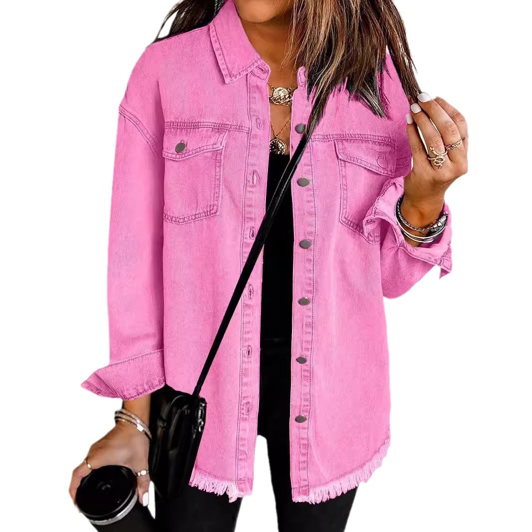 Cross-Border New Style Washed Denim Shirt Jacket for Women European and American Autumn and Winter Personalized Street Style Frayed Hem Jacket for Women