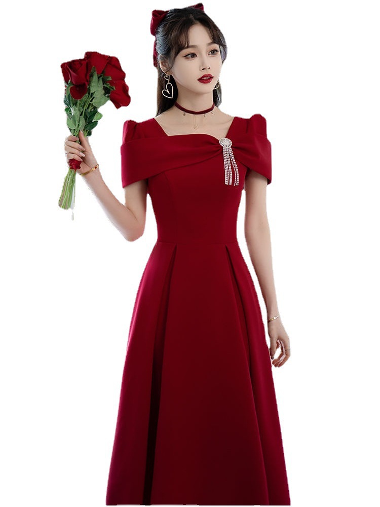 2024 Summer Wedding Toast Dress Bride Engagement Wine Red Dress French High-end Evening Dress Usual Wear