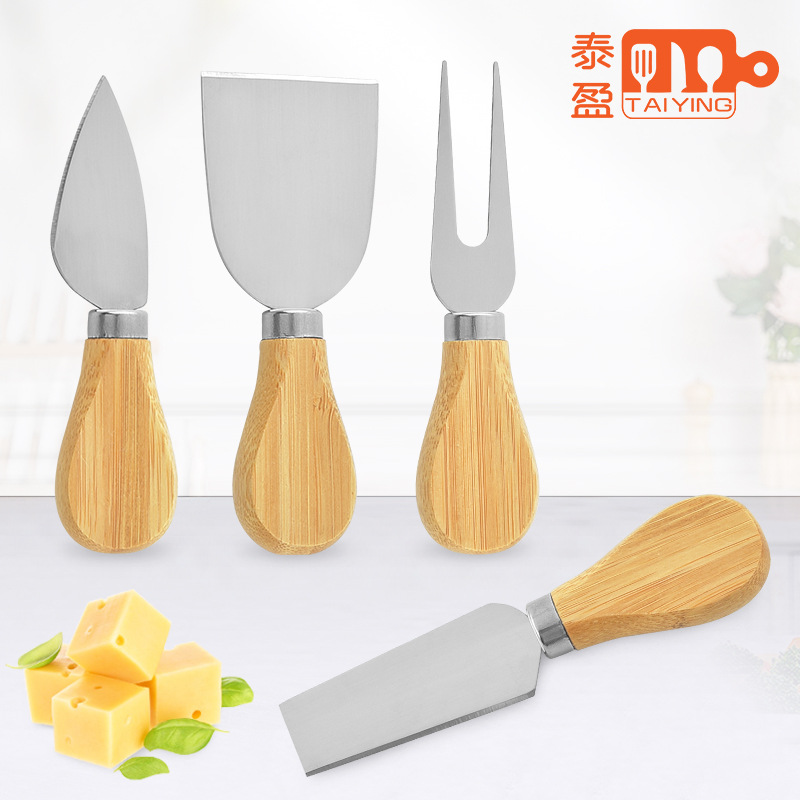 Factory in stock cheese knife 4-piece stainless steel butter knife pizza knife oak handle cheese cheese knife and fork