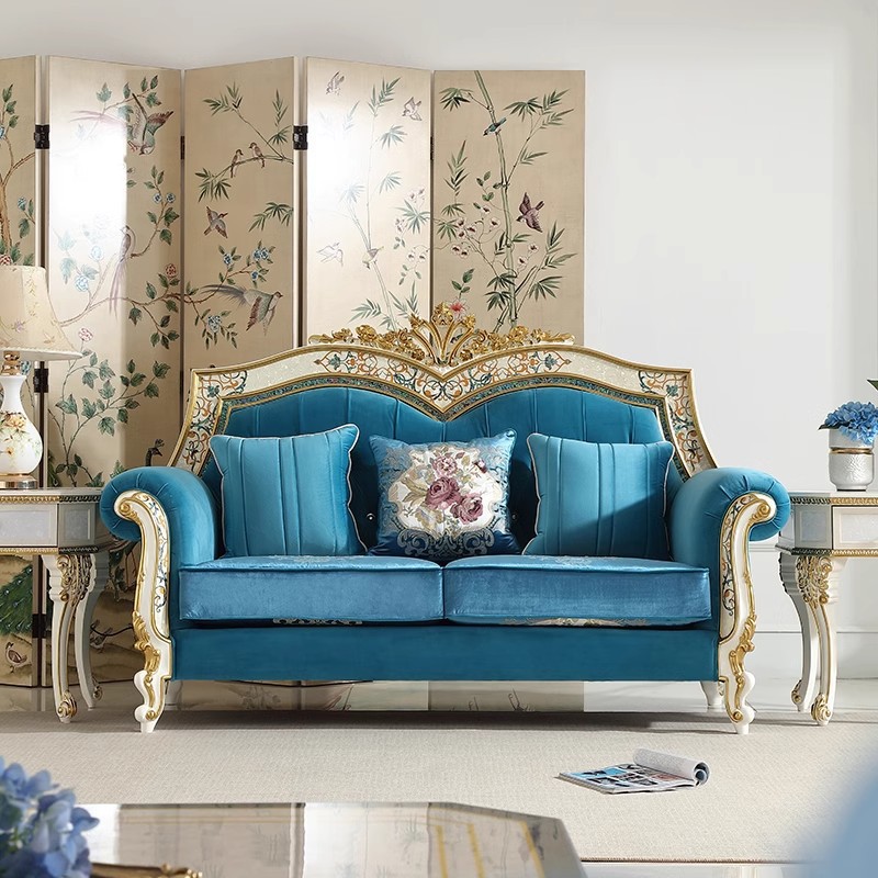 European Pastoral Style Solid Wood Carved Gold Foil Sofa with Wood Veneer Pull Button Design Living Room Reception Straight Sofa