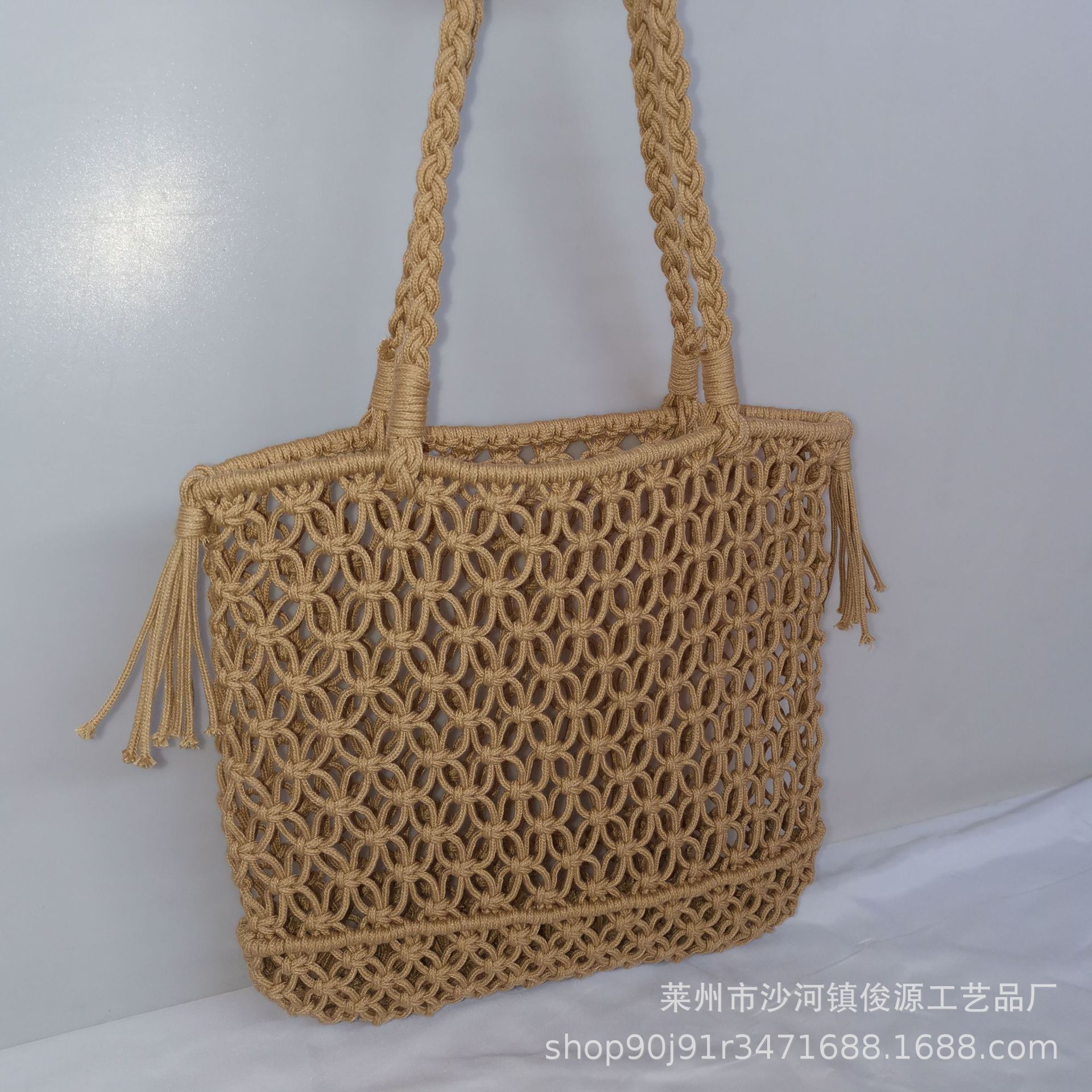New Cotton Rope Mesh Buckle Bag, Tassel Shoulder Bag, Casual Straw Bag