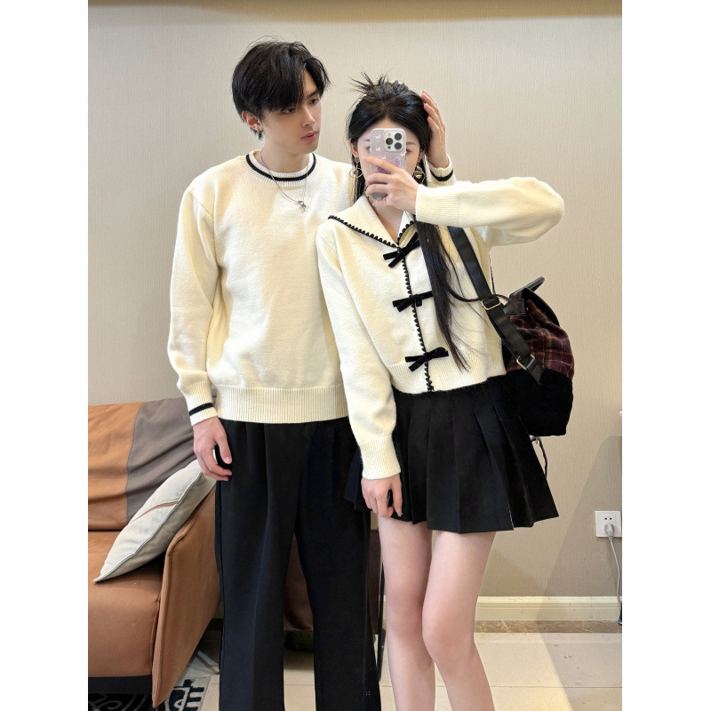 2024 Spring and Autumn Navy Collar College Style Bow Knitted Cardigan Women's Couple Sweater Men