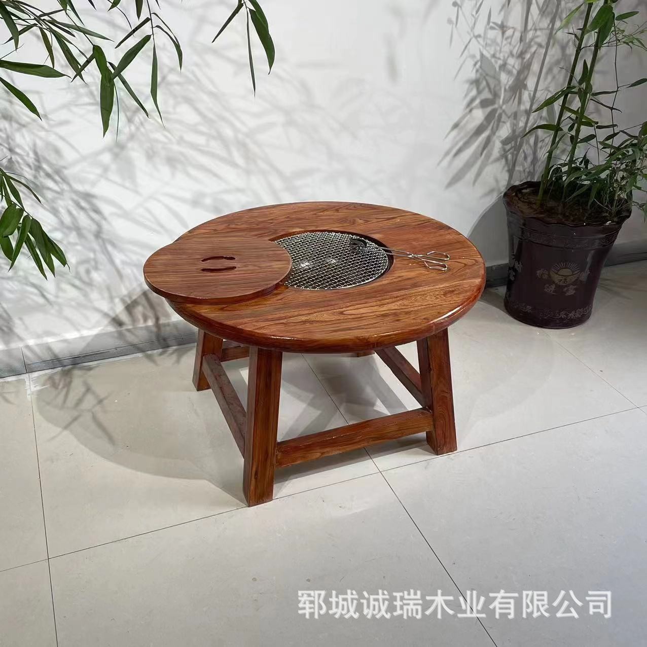 Spot Old Elm Stove Tea Table Solid Wood Round Ice Tea Table Home Balcony Hot Pot Table and Chairs Outdoor Stove Table