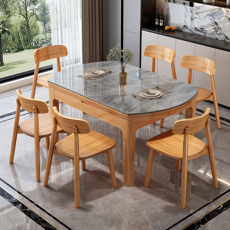 Solid Wood Small Apartment Nordic Slate Dining Table Retractable Folding Modern Simple Home Dining Induction Cooker Dining Table