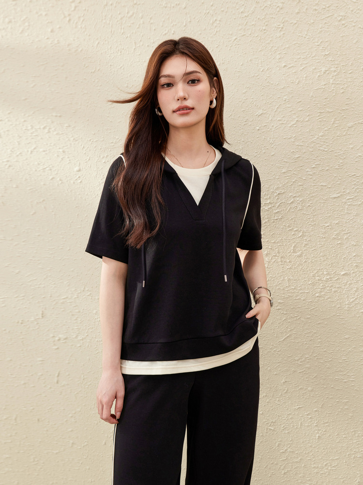 [Free Chasing Light] Contrast Color Stitching Hooded Knitwear Wide Leg Pants suit Slim Show plus size chubby girl Summer New