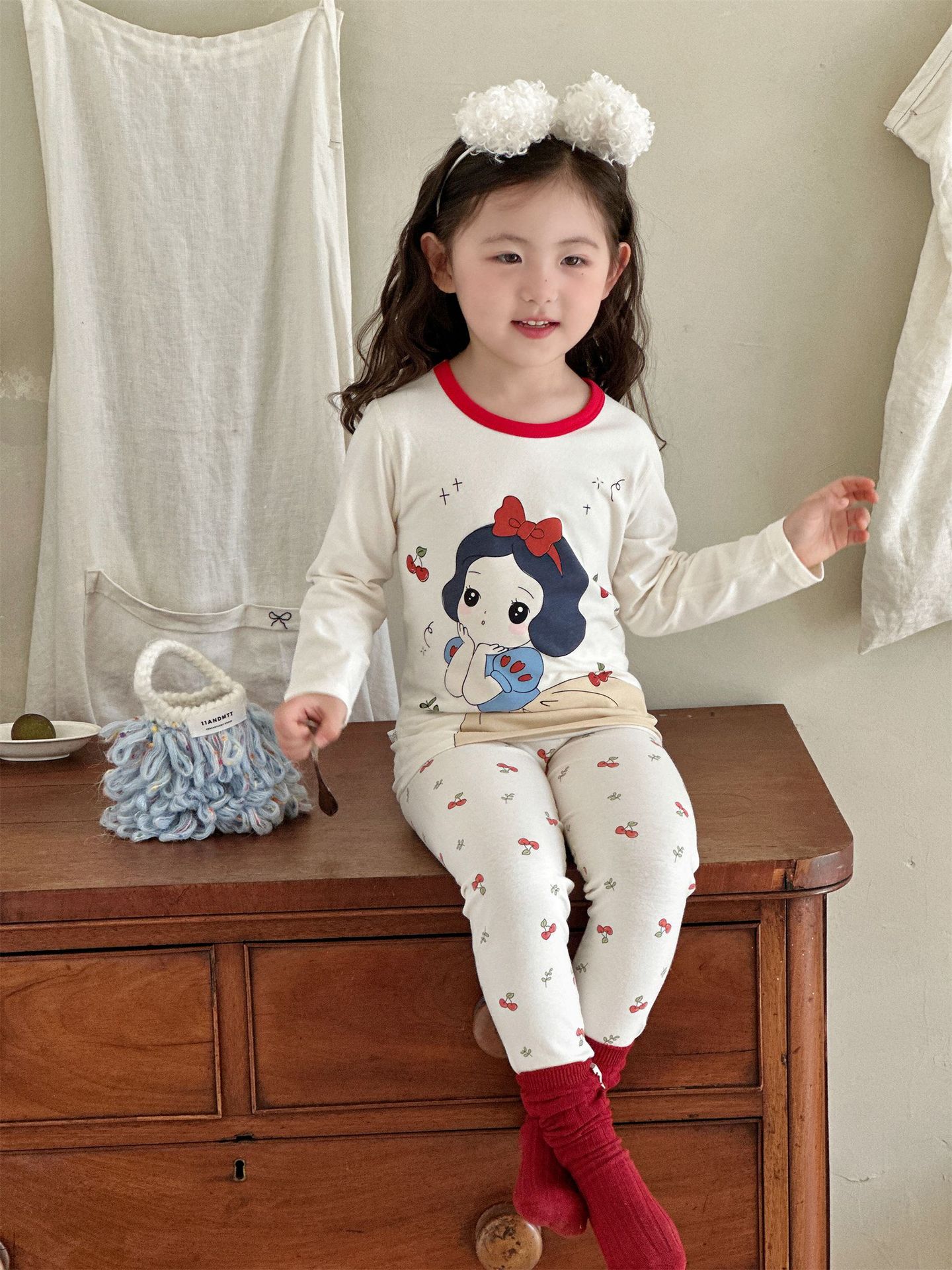 Green Bole & Little Fish Lolo In-Stock Class a Skin-Friendly Lycra Cotton Children's Loungewear Pajamas Thermal Underwear Set