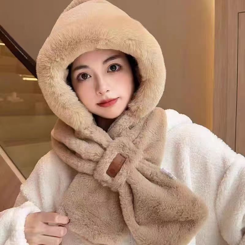 Plush Bear Hat Scarf All-in-One Women's Neck Cute Winter All-Match Riding Warm Gloves Ear Protection Hood