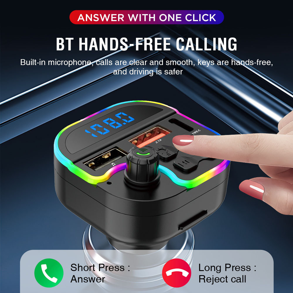 Car Bluetooth Mp3 Player Hands-Free Call U Disk Card Playback Car Fm Transmitter Colorful Atmosphere Light