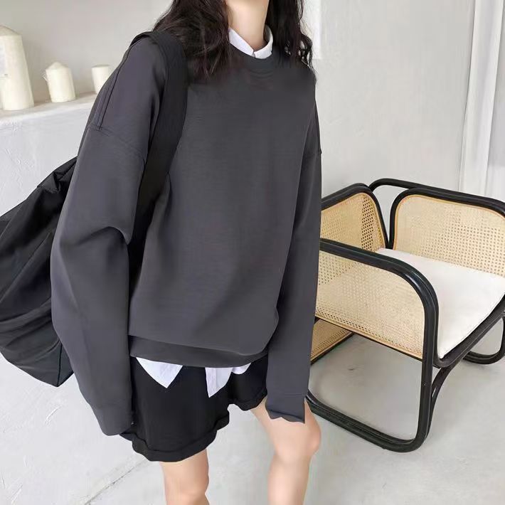 fleece-lined Thickened Crewneck Sweatshirt Men's and Women's Loose Pullover Top Couple Student Solid Color Casual Thickened Jacket