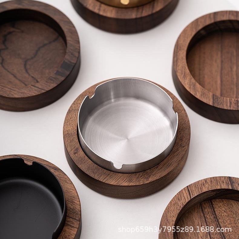 Creative Ashtray with Cover, Anti-Fly Ash, Solid Wood, Stainless Steel, Home Living Room, Bedroom, Office, High-Grade Black Walnut
