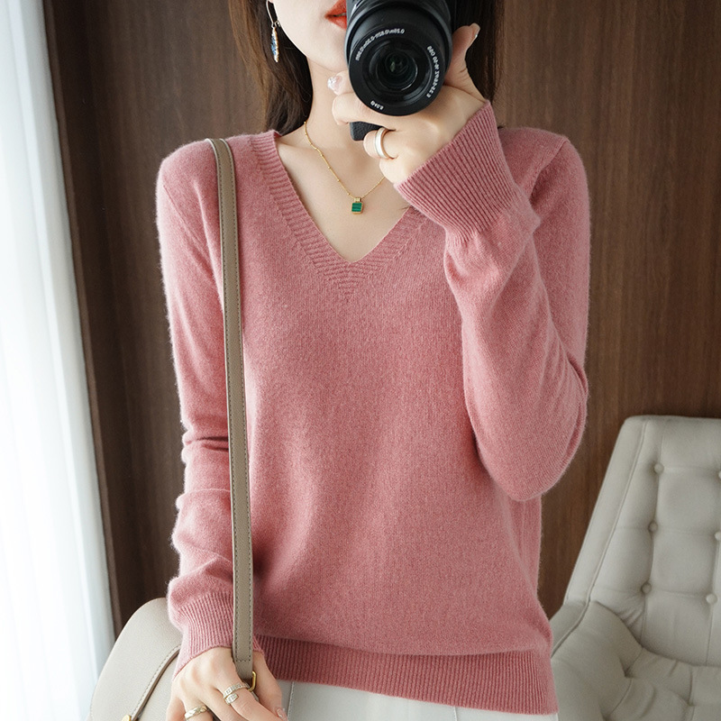 V Neck Loose Knitwear for Women 2024 Autumn and Winter New Outer Wear Versatile Knitwear Pure Color Long-Sleeved Thin Style Top