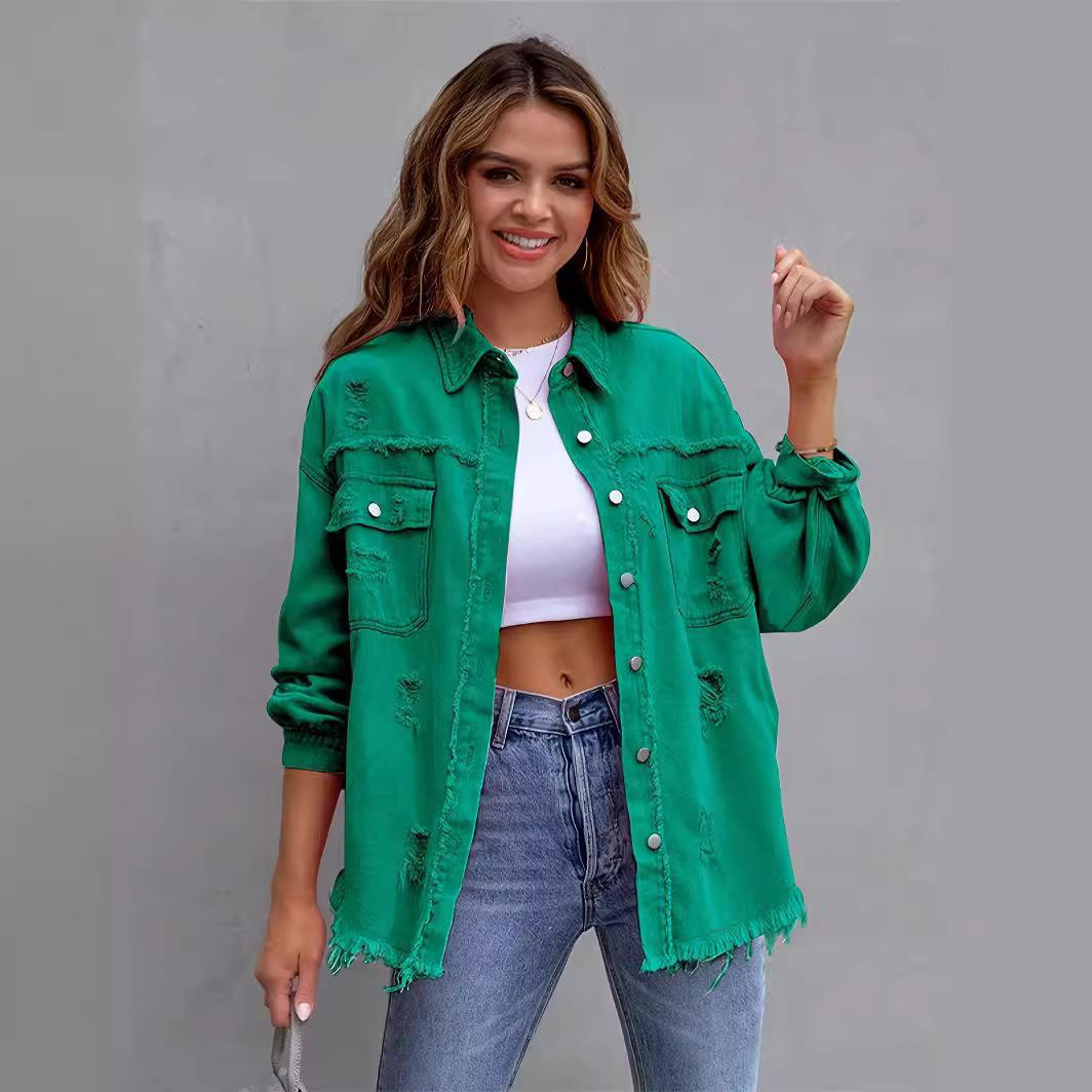Factory Direct Sales Cross-Border New American Solid Color Mid-Length Ripped Long-Sleeved Denim Jacket European and American Style Jacket for Women