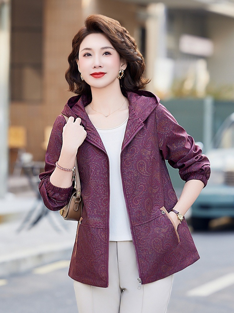 Mom Spring Mid-length Casual Coat Coat Loose plus size Jacket Top Middle-aged and Elderly Guofeng Hooded Cardigan