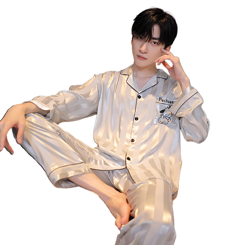 Men's Pajamas Men's Spring and Autum 2025 New Ice Silk Long-Sleeved Youth Large Size Can Be Worn Outside Home Clothes Set