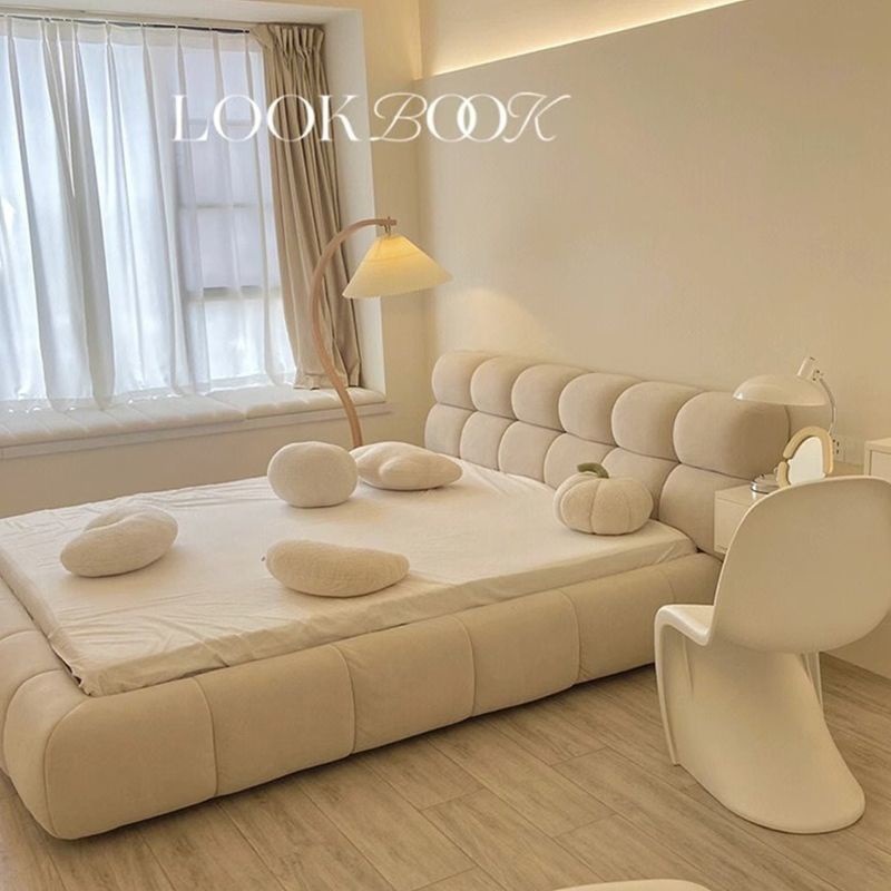 Cream Style Puff Fabric Bed Master Bedroom Princess Bed Double Bed Bedroom Complete Set of Furniture Bed + Bedside Table