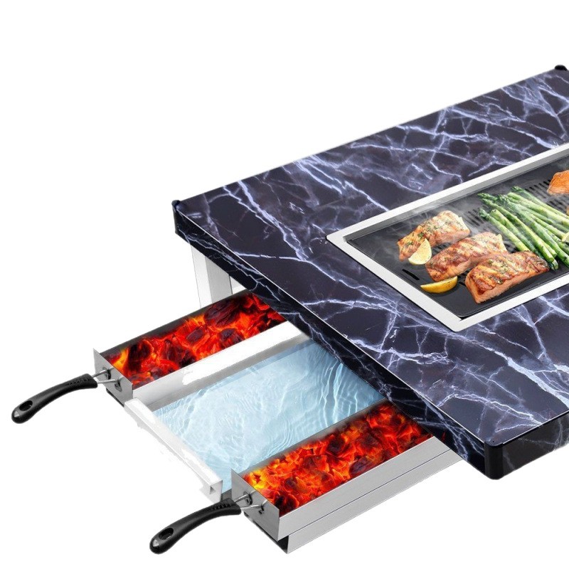 Guizhou Small Tofu Smokeless Barbecue Table Stainless Steel Charcoal Barbecue Table Barbecue Restaurant Smokeless Charcoal Grill Buffet Table