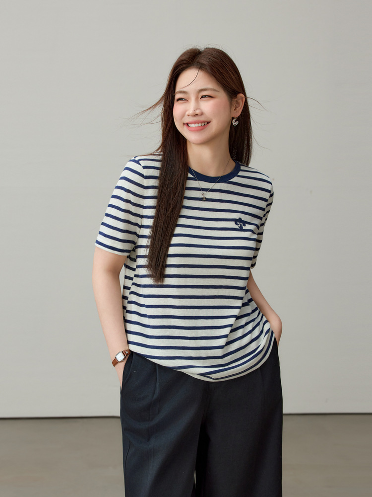 [Starry Night Sea Breeze] Love Summer Style Striped Round Neck Easiest for Match T-Shirt Slim Show Plus Size Women's Fat mm Summer Clothes New Style