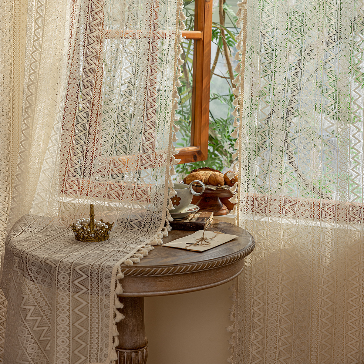 Fabric Manufacturer Warp-Knitted Lace Wave Triangle Blackout Curtains 150cm 130Gsm Balcony Pastoral Style Sunshade