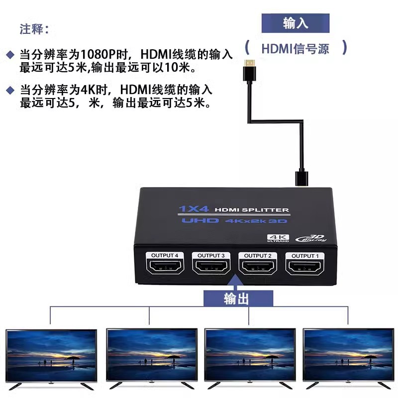 4K Hd HDMI Splitter 1 to 4 Tv Box Ps4 Computer Display Splitter Video Brancher Supports 3D