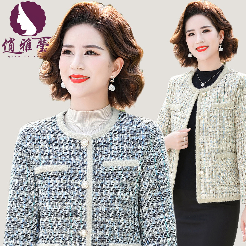 Короткий топ для женщин среднего возраста 40-50 лет, клетчатый стиль Шанель, куртка для матерей с длинным рукавом