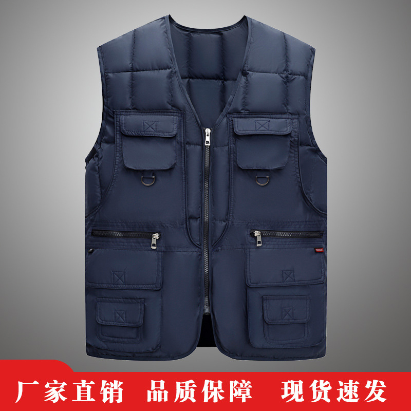 Autumn and Winter New Men's Down Cotton Vest Thickened Warm Casual Dad Vest Wear Ten Pockets Waistcoat Inside and Outside