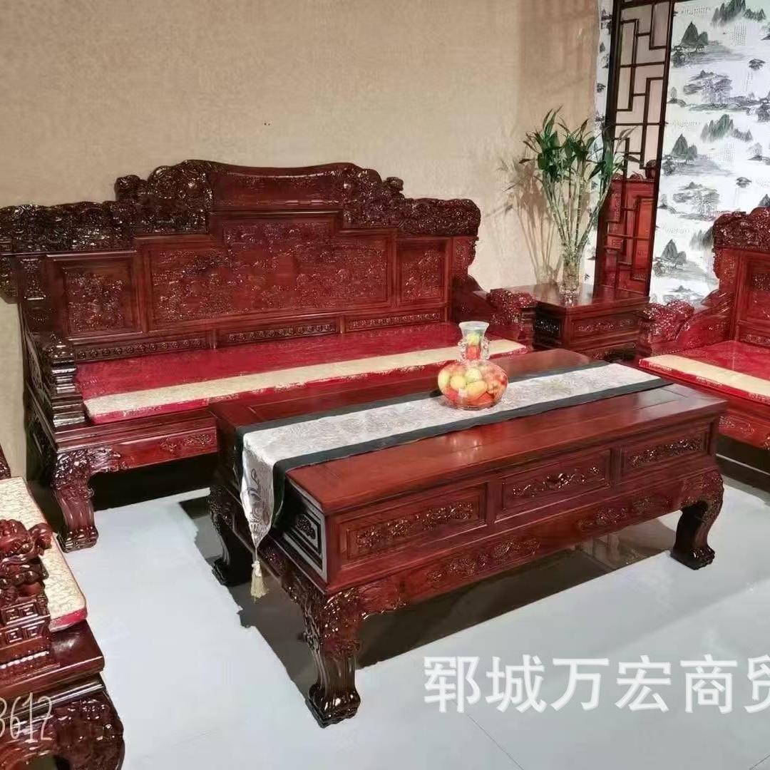 New Chinese Style Old Elm Sofa Hotel Lobby Combination Hospitality Sofa Furniture Antique Solid Wood Carved Living Room Furniture