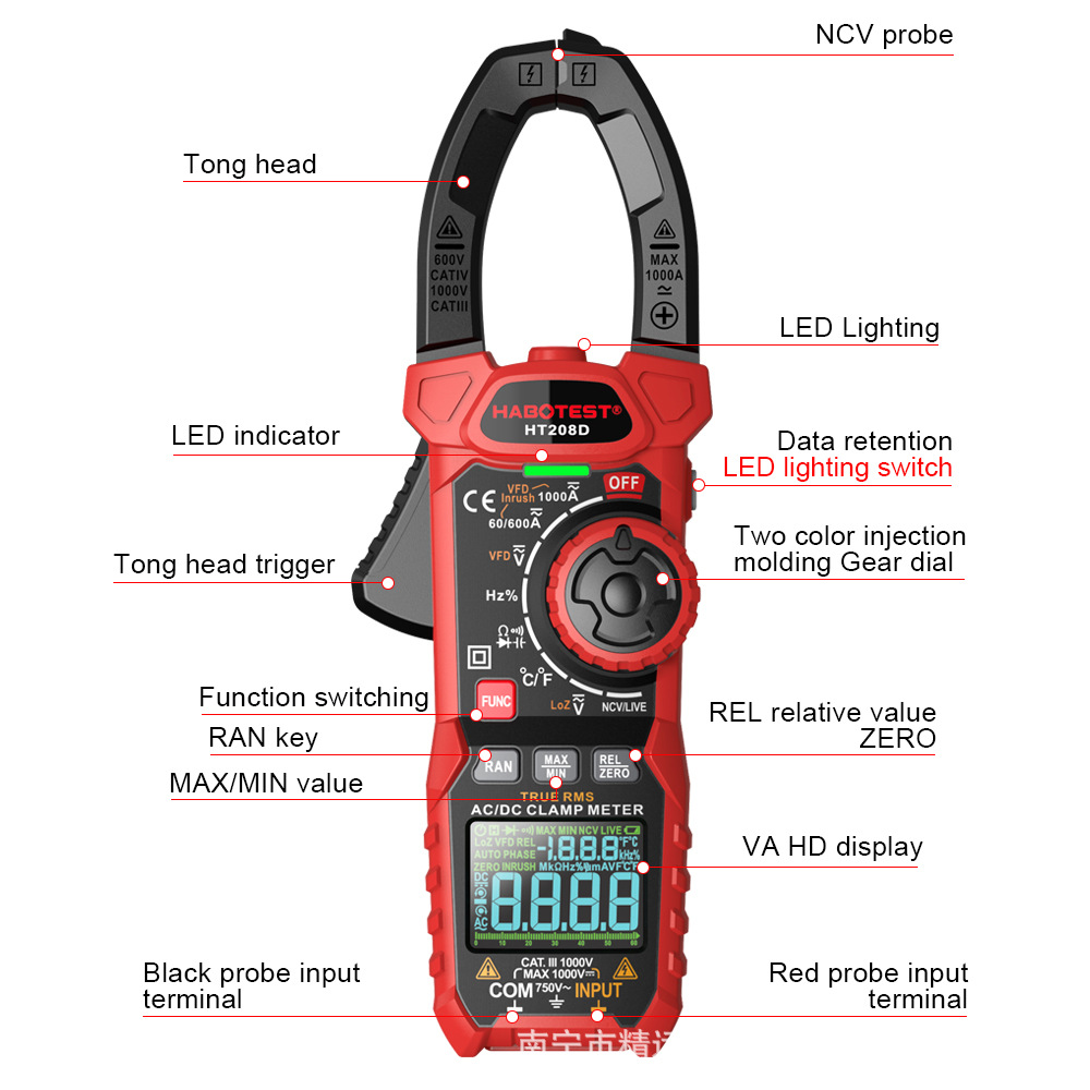 Huabo HT208D Clamp Multimeter High Precision Digital Clamp Meter Multi-function Clamp Meter AC/DC Clamp Meter