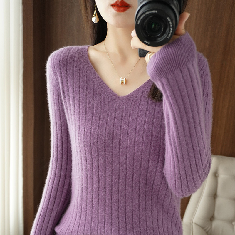 Autumn and Winter New V Neck Striped Long-Sleeved Slim Knitwear Women's Knitwear Versatile Pullover Bottoming Shirt Top