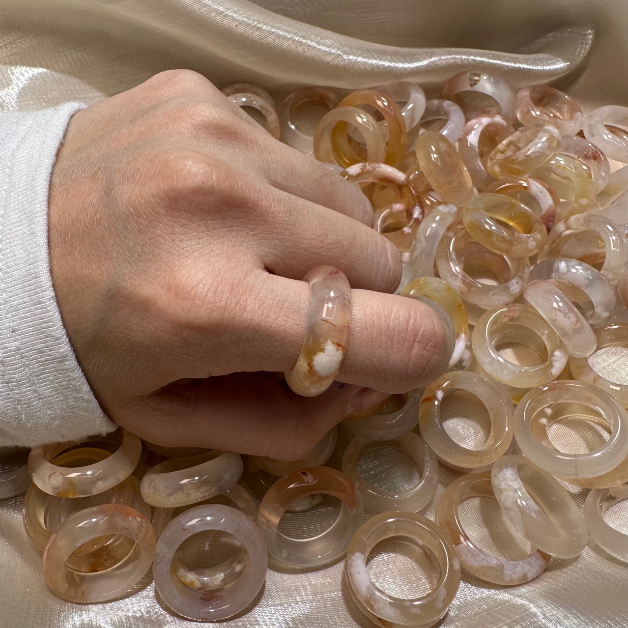 Ice Transparent Cherry Blossom Green Agate Ring Ring Accessories Running Ring Accessories Manufacturer Wholesale Shanwei