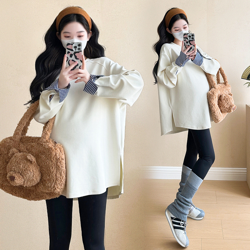 Pregnant Women's Spring Clothing Pregnant Women's Sweat Korean Style Casual Fashion All-match Loose Slimming Sweet Age-reducing Stitching Striped Top