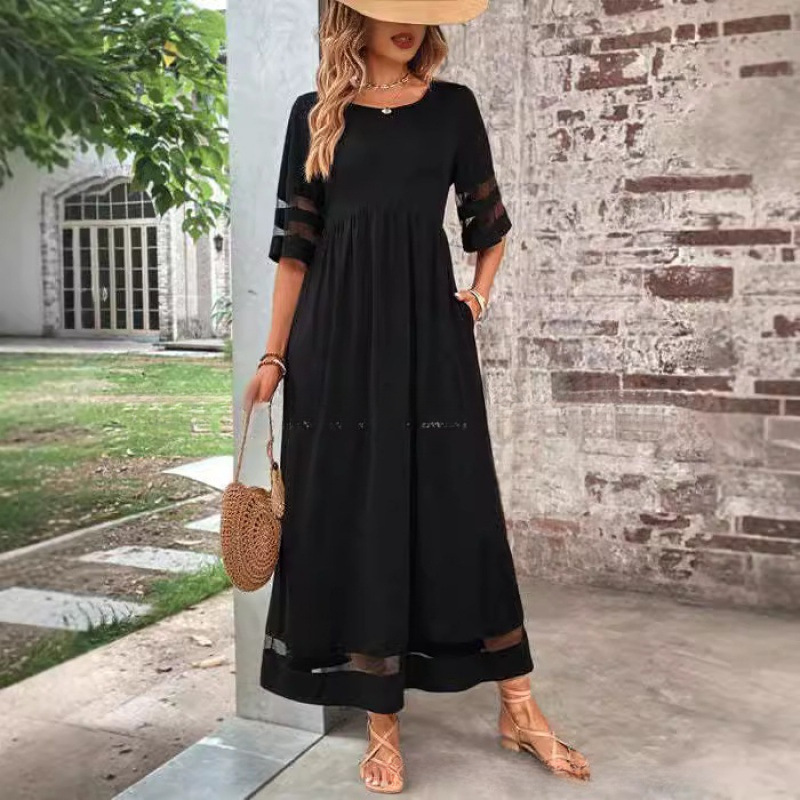 Cross-border foreign trade new hot plus size women's five-point sleeve mesh round neck stitching pocket dress