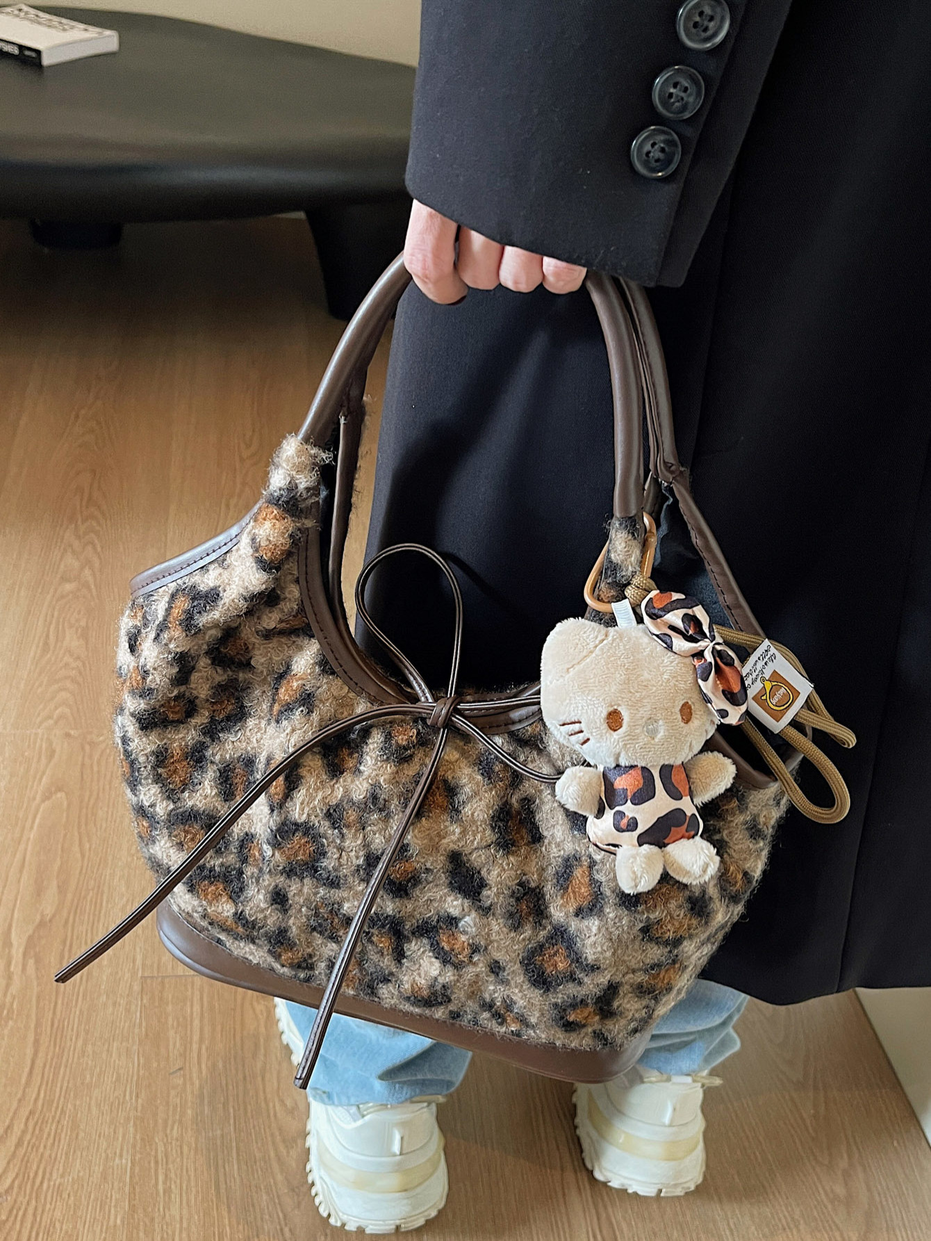 Korean Style Retro Plush Leopard Print Tote Bag New Large Capacity Bow Commuter Handbag Commuter Underarm Bag