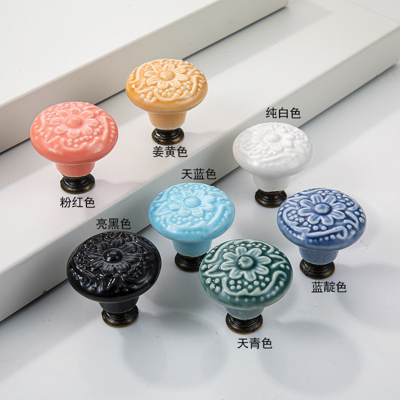 New Chinoiserie Solid Wood Cabinet Retro Pattern Drawer Single Hole Handle Cabinet Door Ceramic Handle