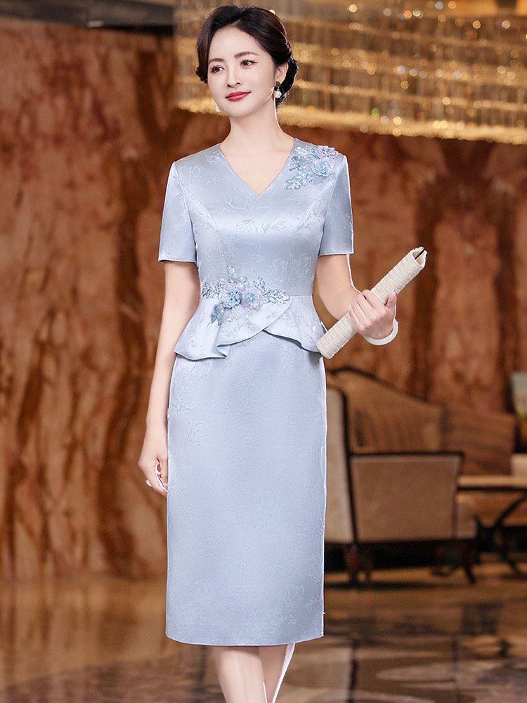 Petite Mother Wedding Banquet Tummy-Covering Dress Summer High-End Acetate Jacquard Mother-In-Law Banquet Toast Dress