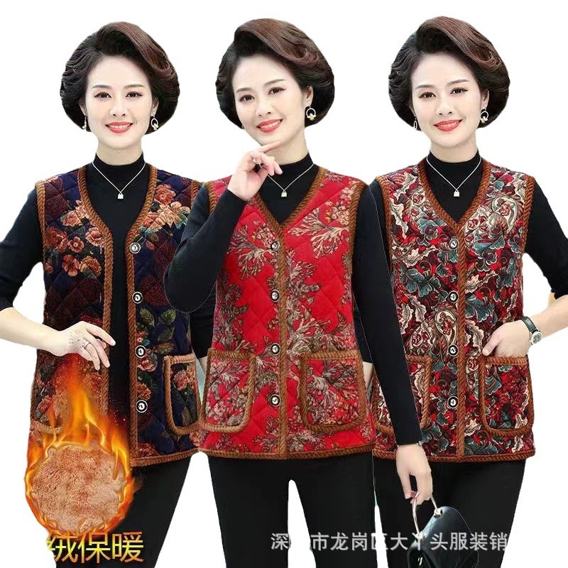 Middle-aged and elderly autumn and winter new women's floral cotton-padded jacket grandma loose fleece-lined cotton-padded clothes stall supply factory wholesale