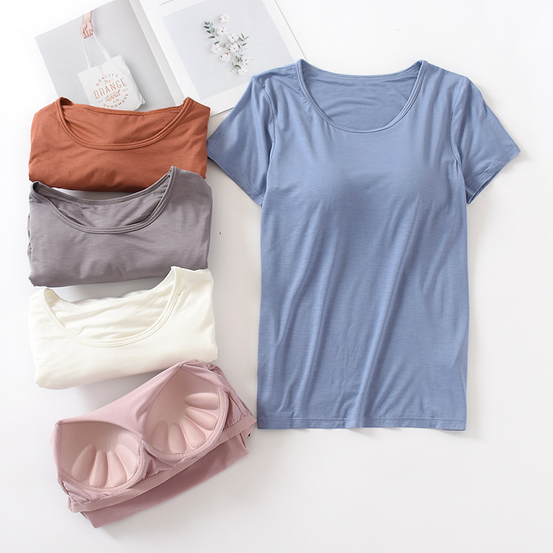 Short-sleeved T-shirt with Chest Pad Women's Modal Cup One-piece Slim-fit Base Shirt Women's Top Round Neck Wear-free Bra
