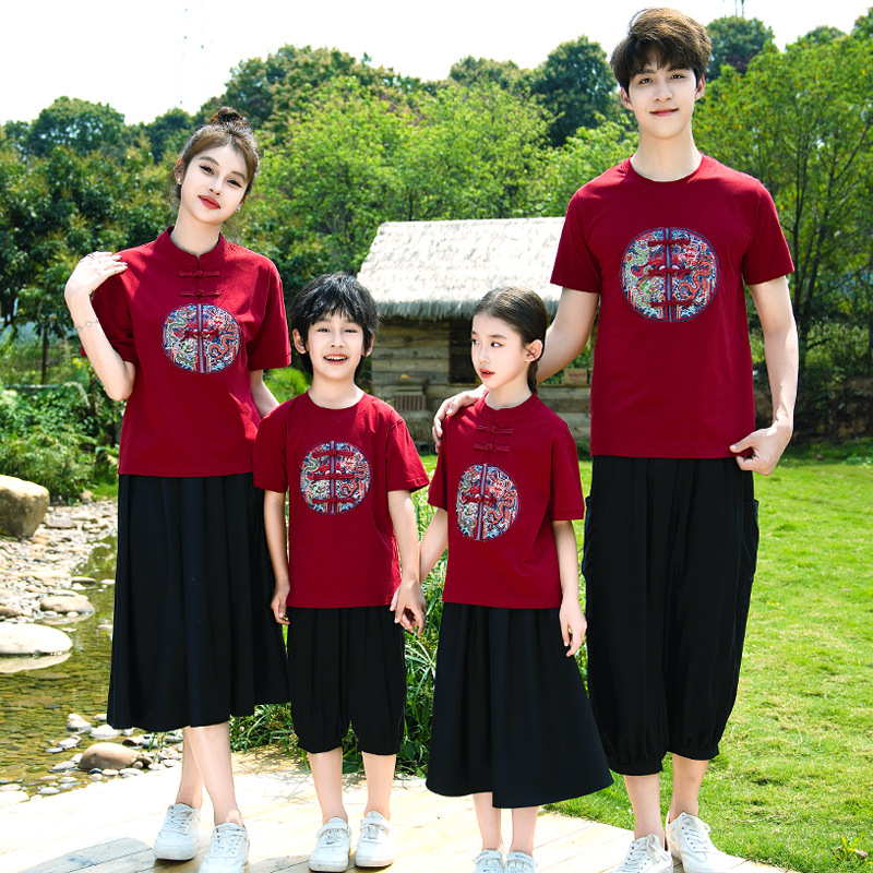 2025 Parent-child Suit Summer Suit National Style Short Sleeve Ankara Red Mother and Dresses Family of Three National Fashion Hanfu Family