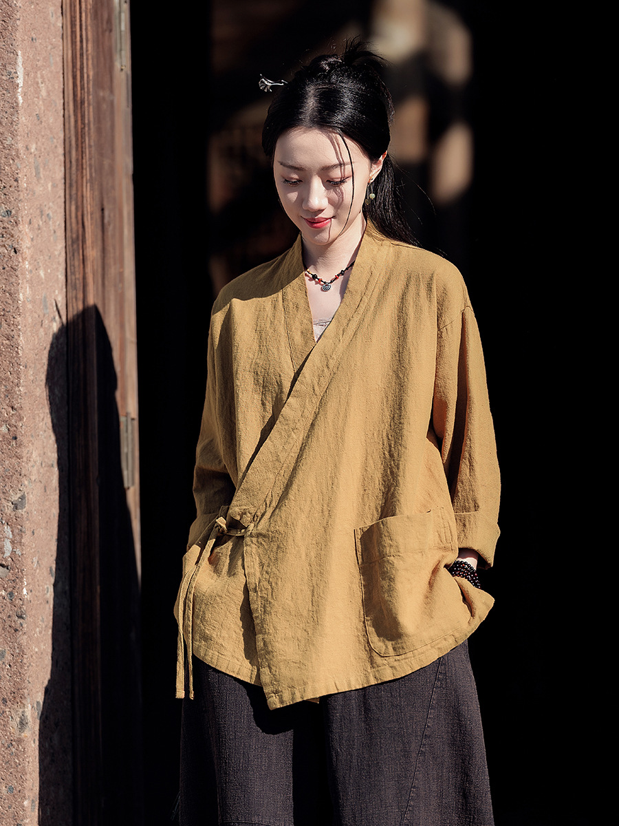 25 хлопок и лен женская новая стильная ретро дзен скошенная планка свободная льняная кофта в стиле династии Хань женская дзен чайная одежда