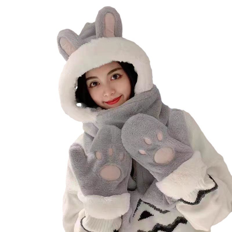 Winter high-value cute Korean student bear hat scarf one-piece gloves three-piece warm hat wholesale