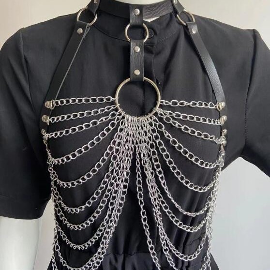 Leather stitching metal chain jewelry pu leather multi-layer chain chest chain body chain personalized accessories