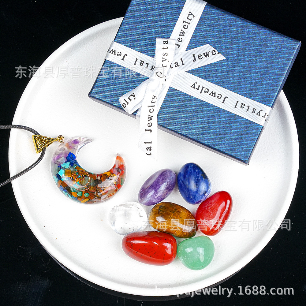 Cross-Border Hot-Selling Natural Multicolored Tumbled Stone Resin Moon Pendant Set Box Crystal Necklace Pendant Gemstone Set Wholesale